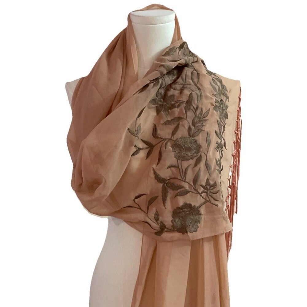 Cejon Women's Embroidered Scarf Peach Chiffon Floral Fringe 21X86" Luxury  NWT
